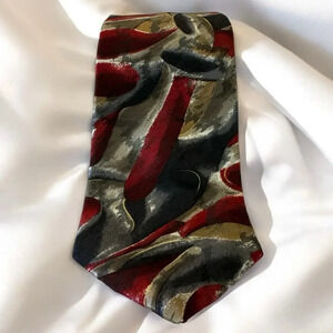 Men’s Van Heusen Silk Abstract Necktie, Burgundy Black Tan Colored 100% Silk Tie